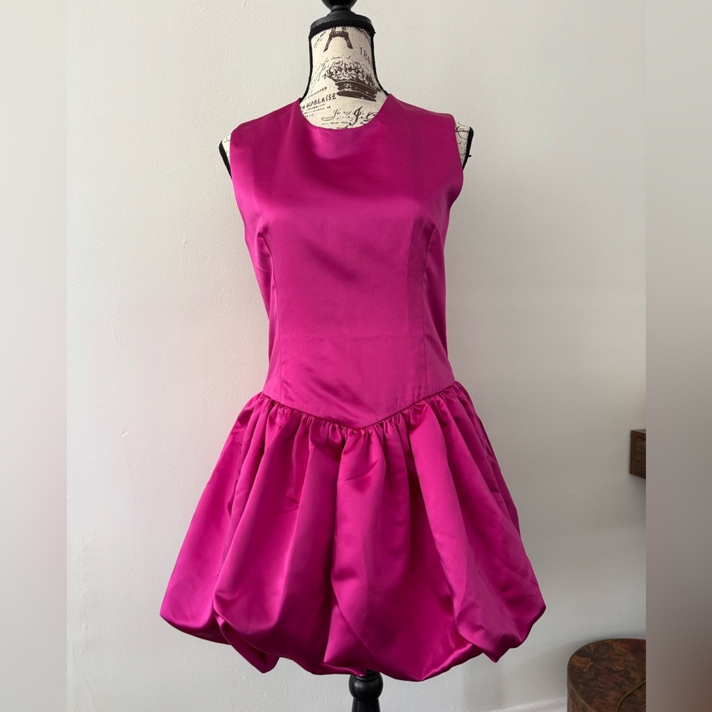 Maje Rolling Gathered Satin Mini  Dress in Fuchsia